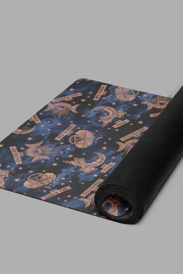 cosmic drifters tarot print yoga mat rolled flat