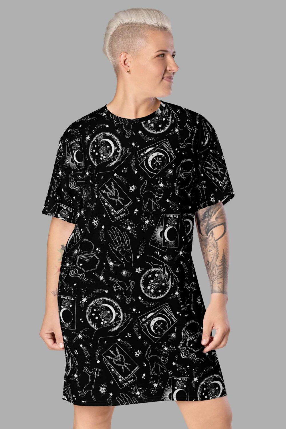 cosmic drifters travelling carnival print t shirt dress front