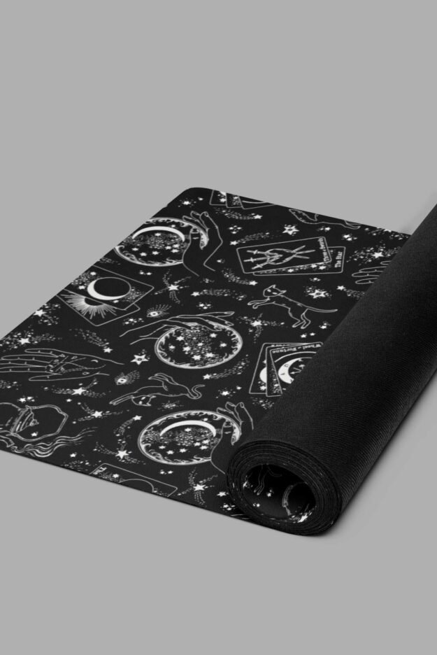 cosmic drifters travelling carnival print yoga mat rolled