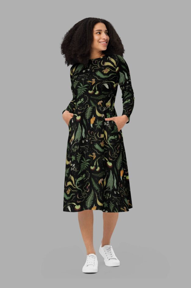 cosmic drifters werewood print long sleeve midi dress front