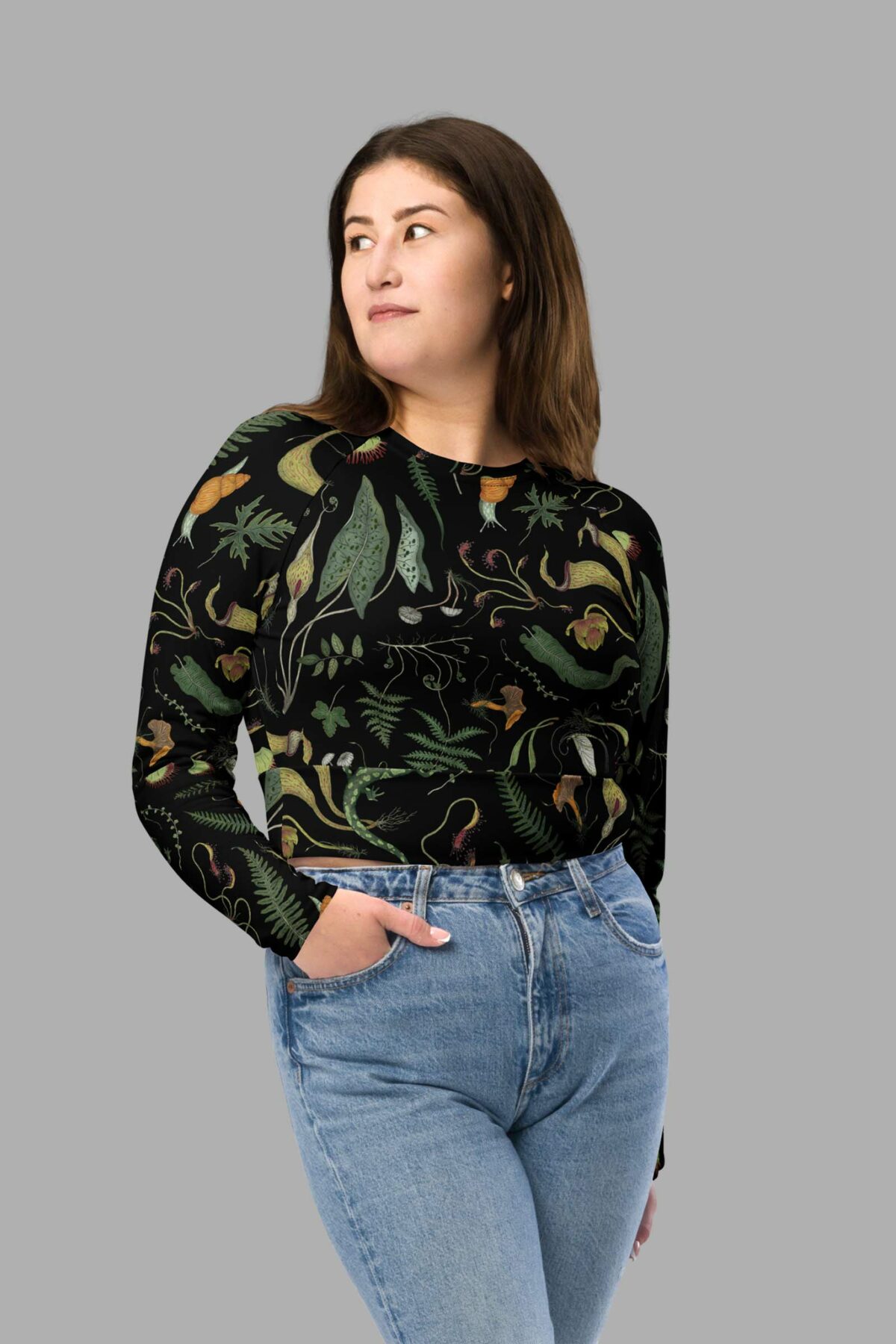 cosmic drifters werewood print recycled long sleeve crop top close