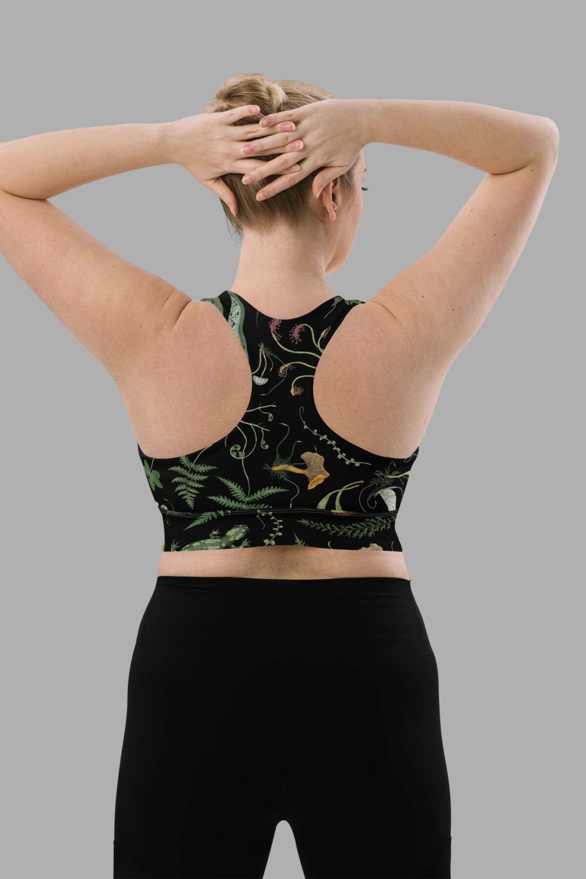 cosmic drifters werewood print recycled longline sports bra back