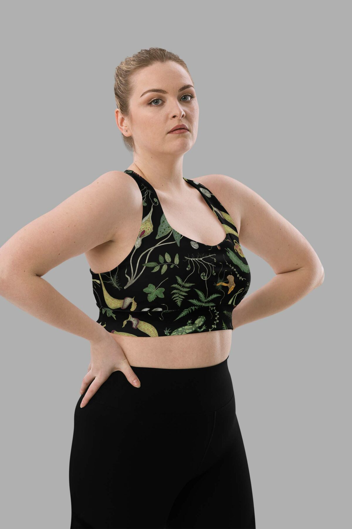 cosmic drifters werewood print recycled longline sports bra side