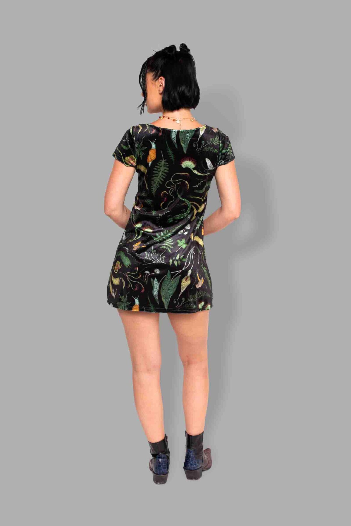 cosmic drifters werewood print velvet mini dress back2