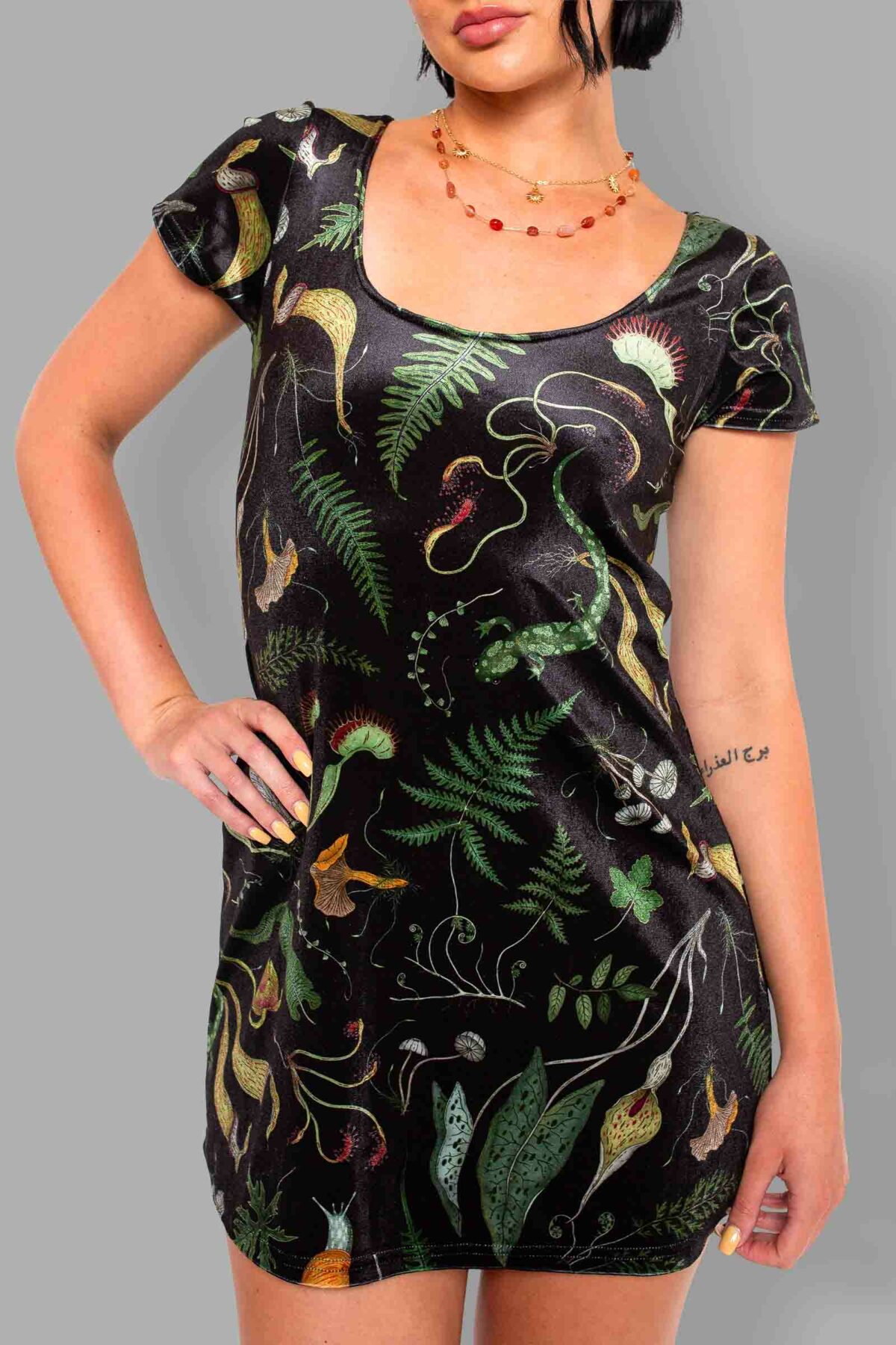 cosmic drifters werewood print velvet mini dress close