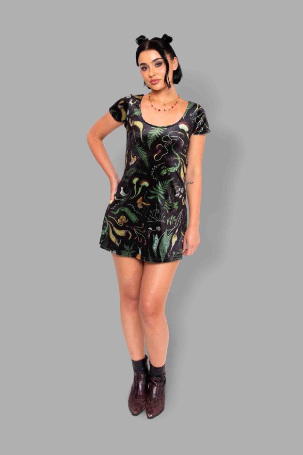 cosmic drifters werewood print velvet mini dress front2