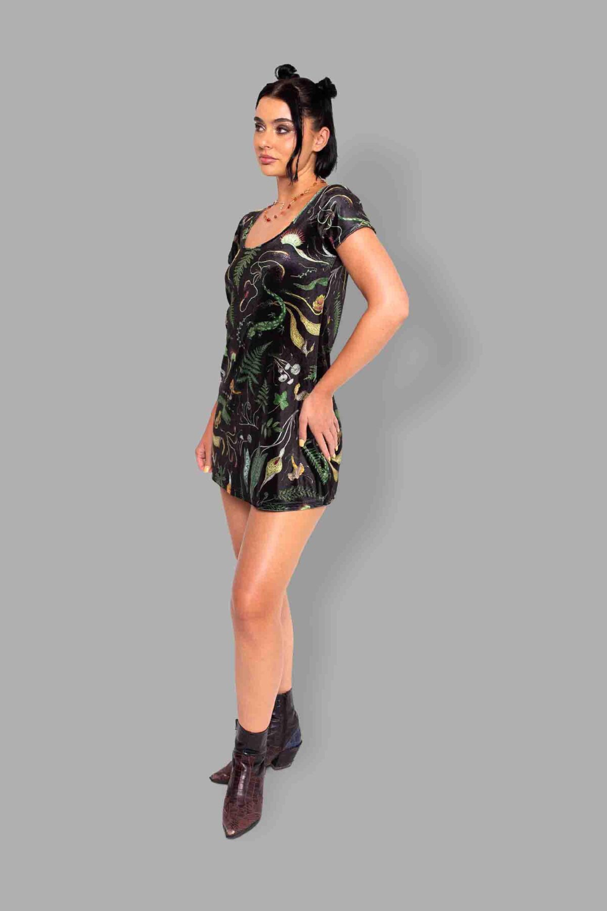 cosmic drifters werewood print velvet mini dress side2