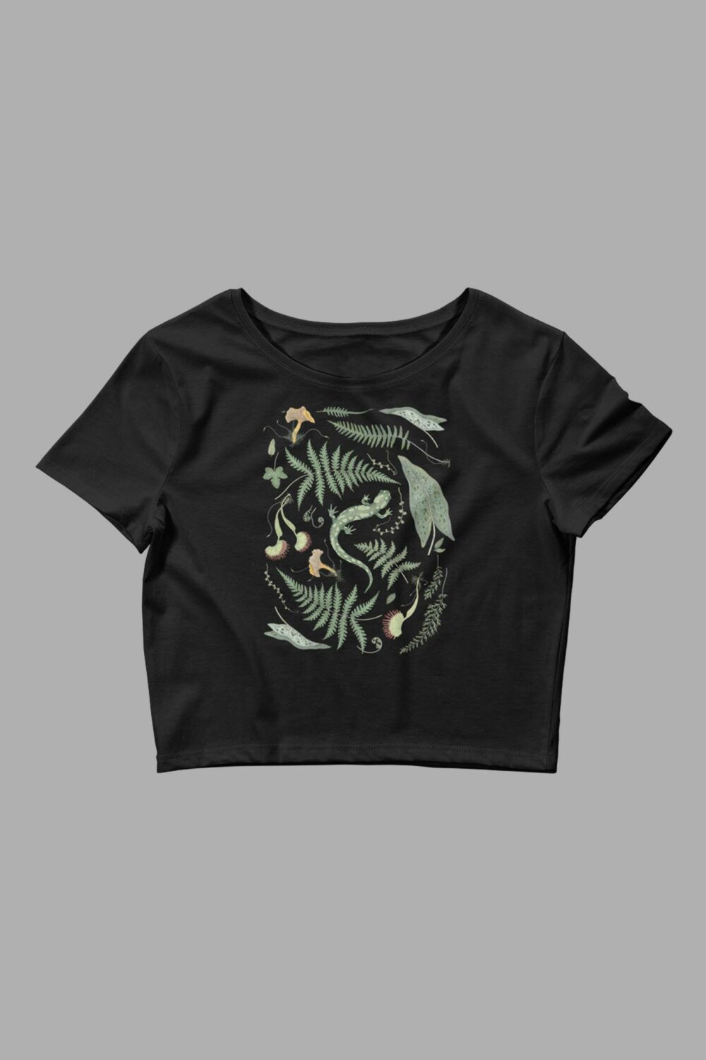 cosmic drifters werewood print womens crop tee black front 2