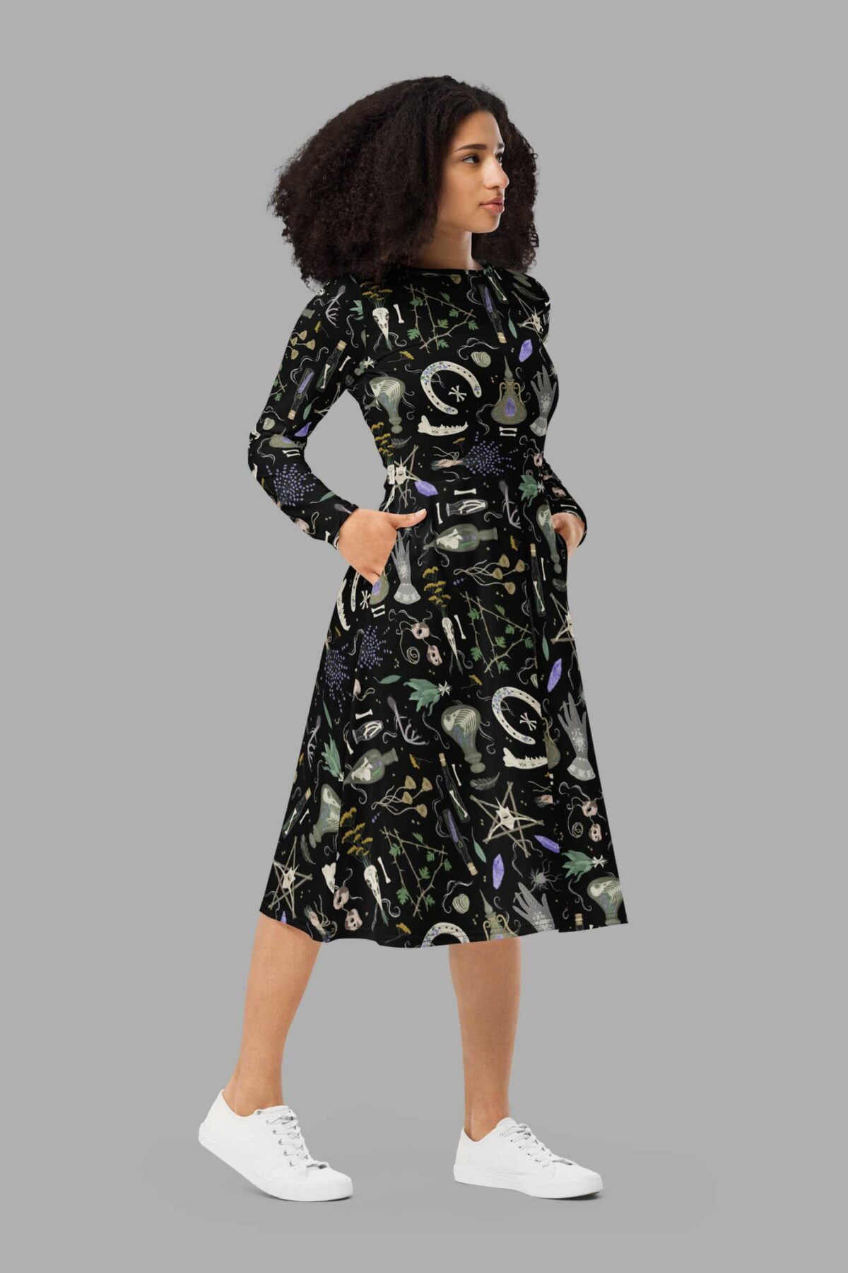 cosmic drifters witches altar print long sleeve midi dress 1