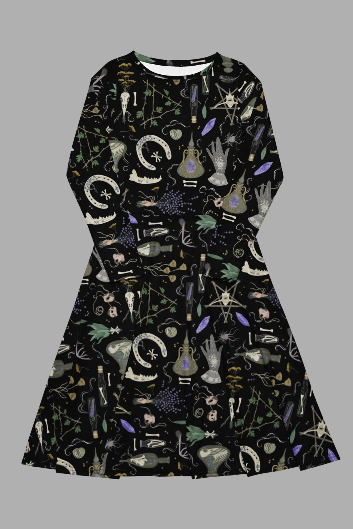 cosmic drifters witches altar print long sleeve midi dress front 2