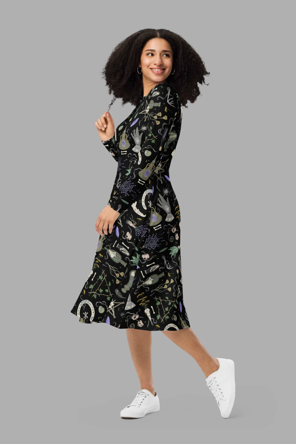 cosmic drifters witches altar print long sleeve midi dress side