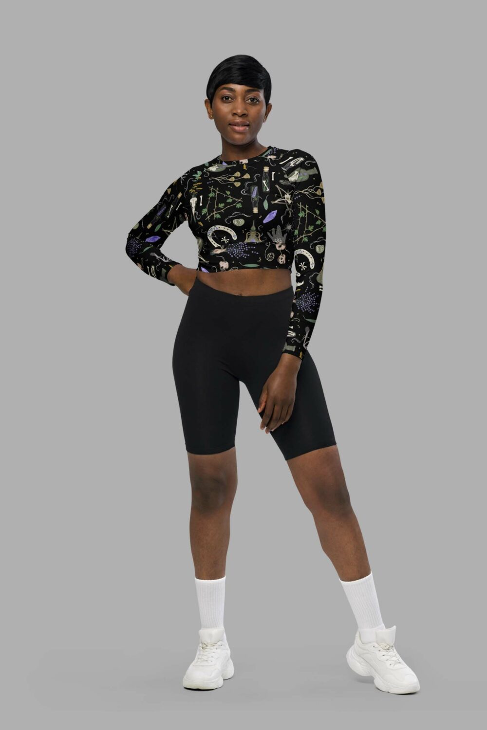 cosmic drifters witches altar print recycled long sleeve crop top front 2