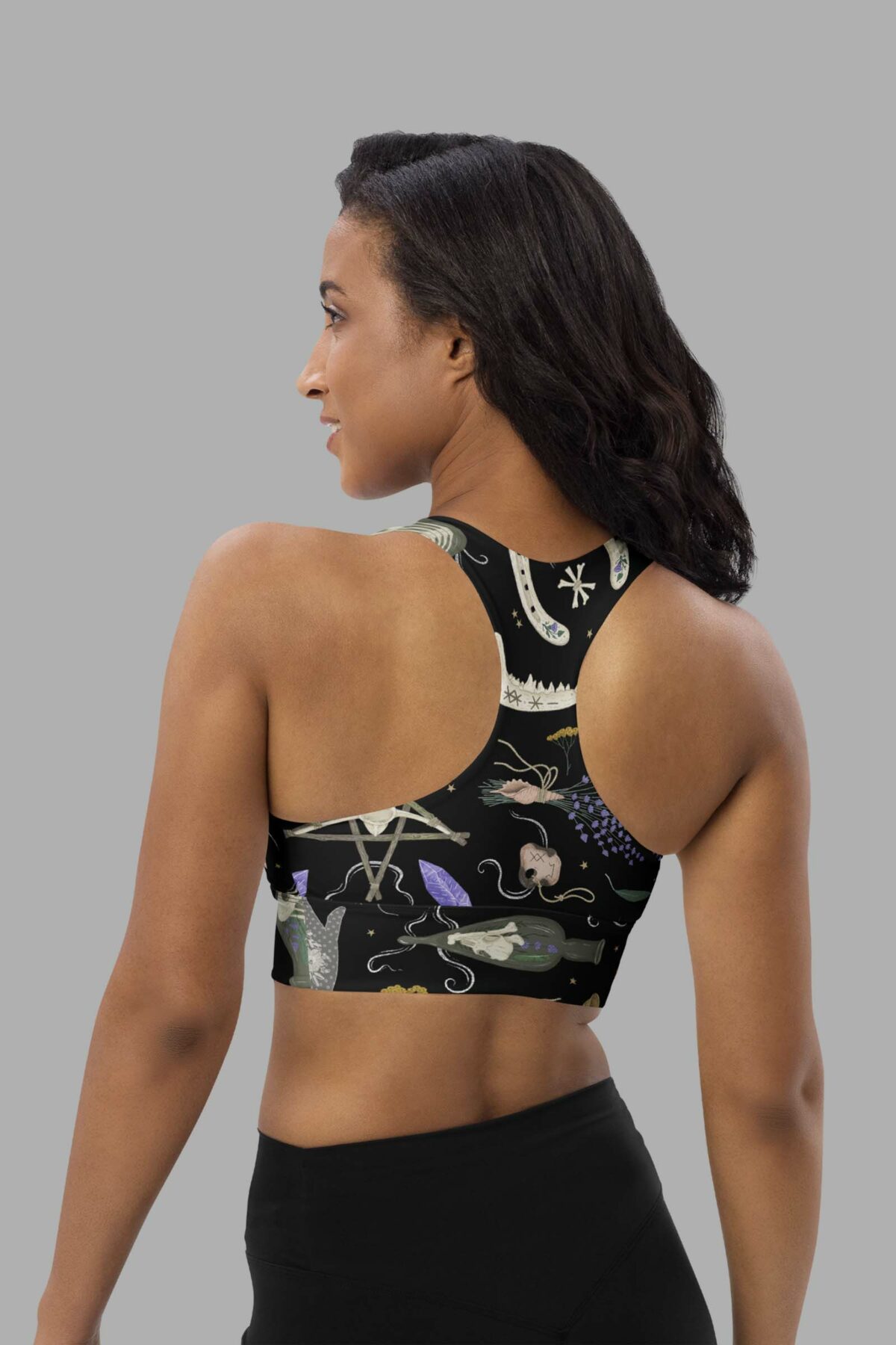 cosmic drifters witches altar print recycled longline sports bra back