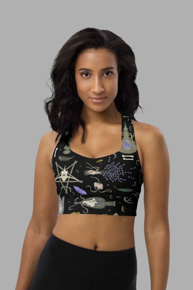 cosmic drifters witches altar print recycled longline sports bra front