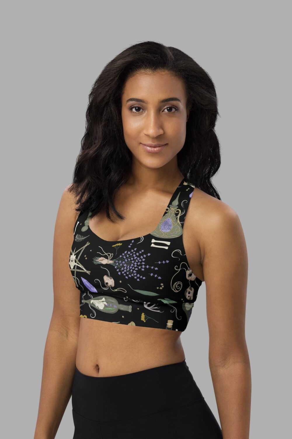 cosmic drifters witches altar print recycled longline sports bra side