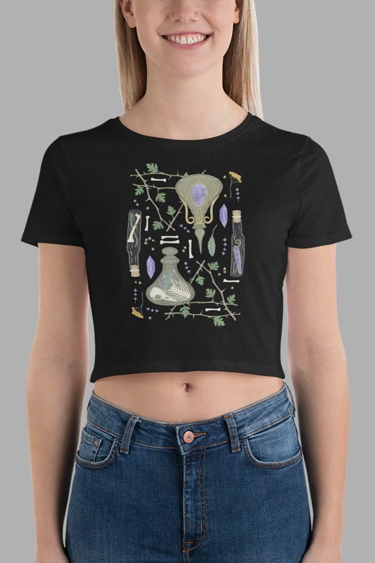 cosmic drifters witches altar print womens crop tee black front