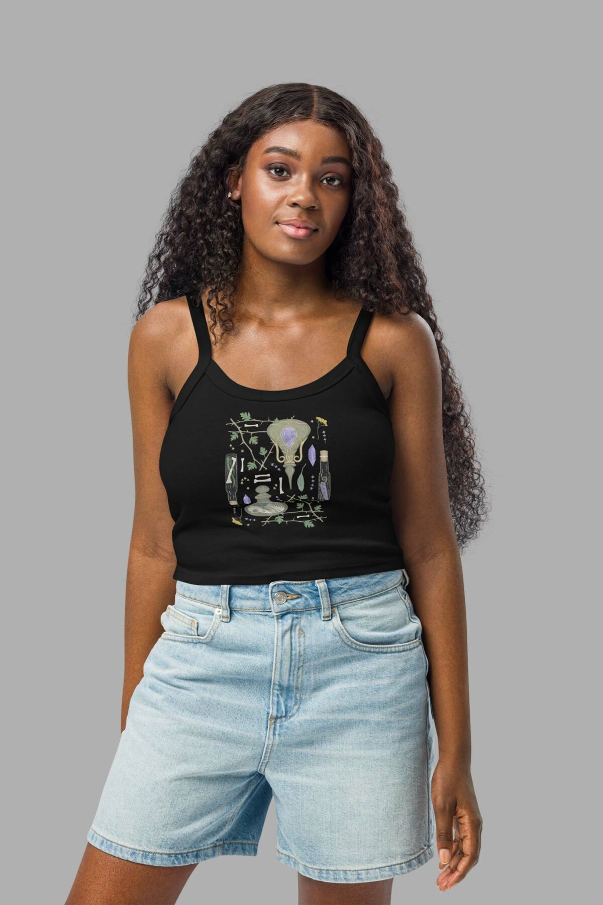 cosmic drifters witches altar print womens micro rib tank top solid black front