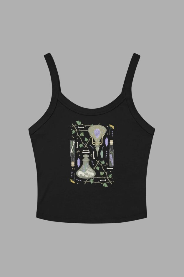 cosmic drifters witches altar print womens micro rib tank top solid black front 2