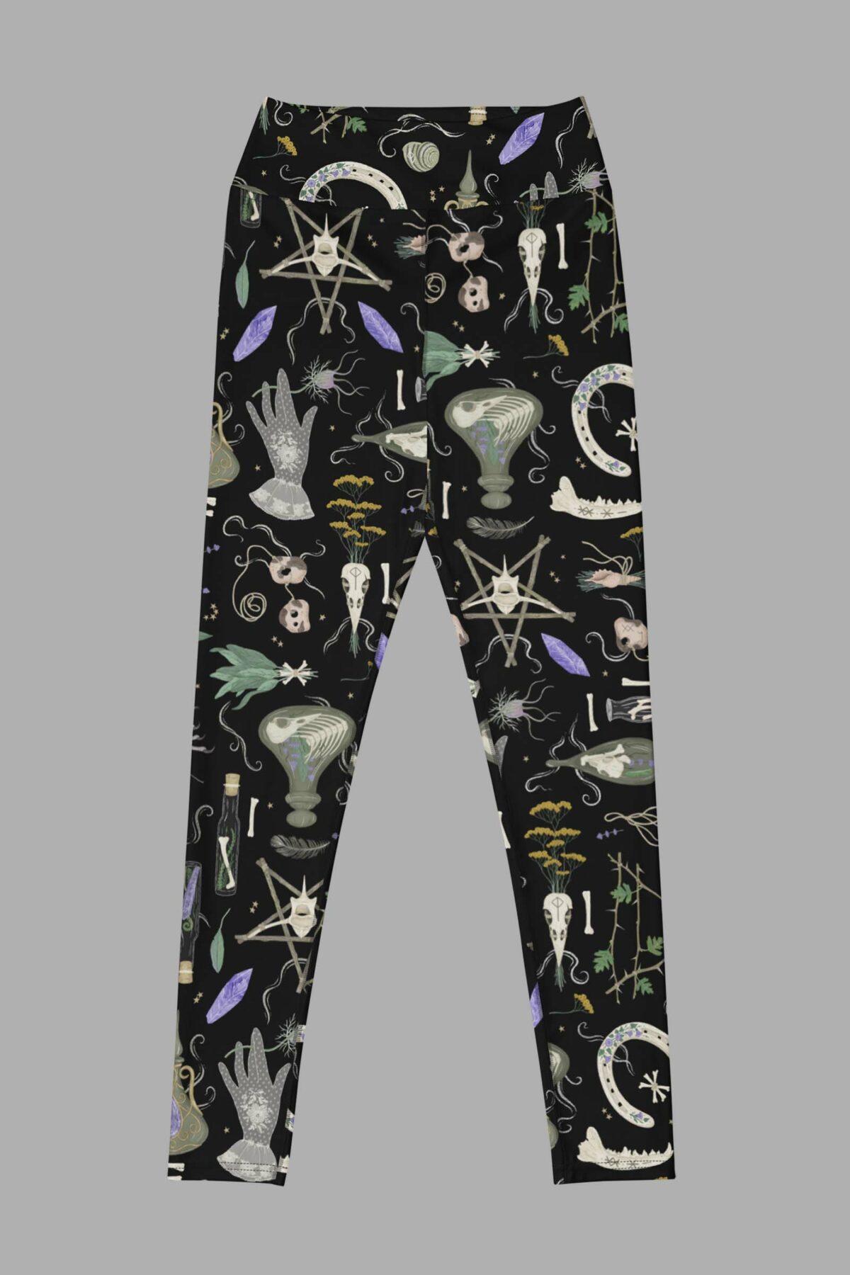 cosmic drifters witches altar print yoga leggings flat front