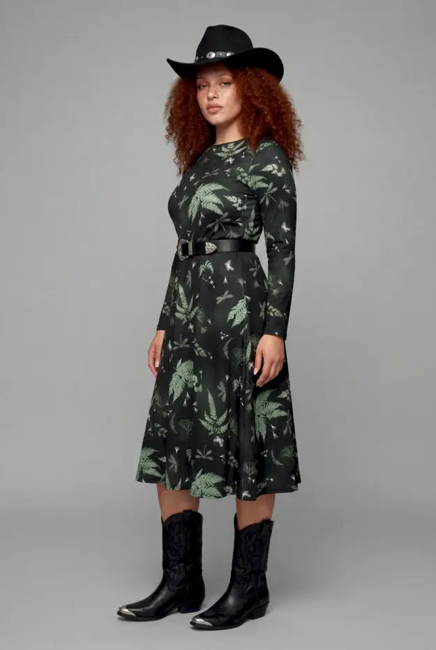 faerie fronds print long sleeve midi dress