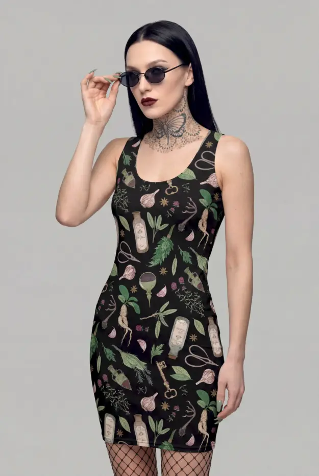 forest witch print bodycon dress