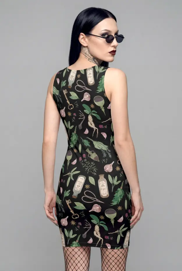 forest witch print bodycon dress