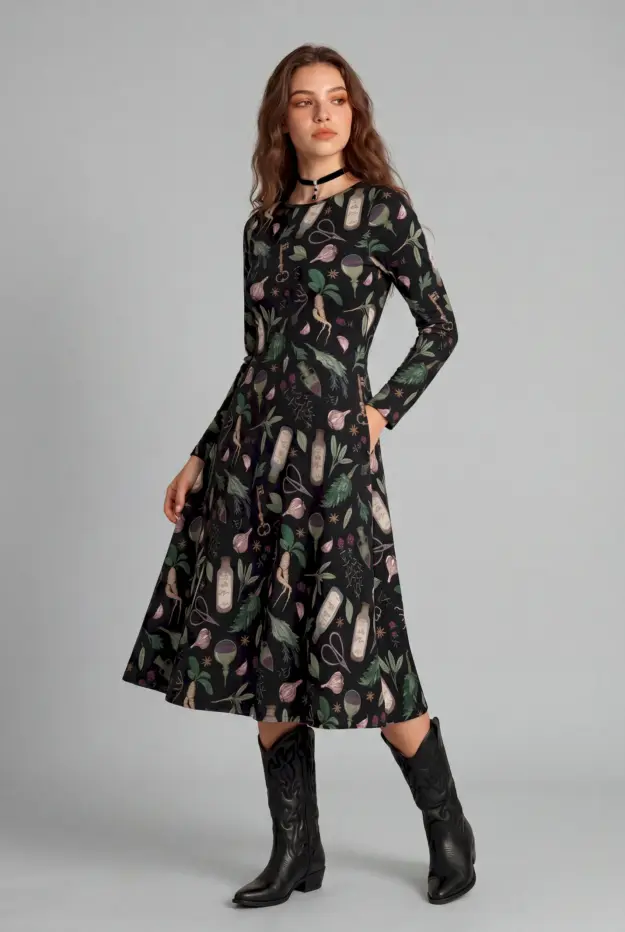 forest witch print long sleeve midi dress