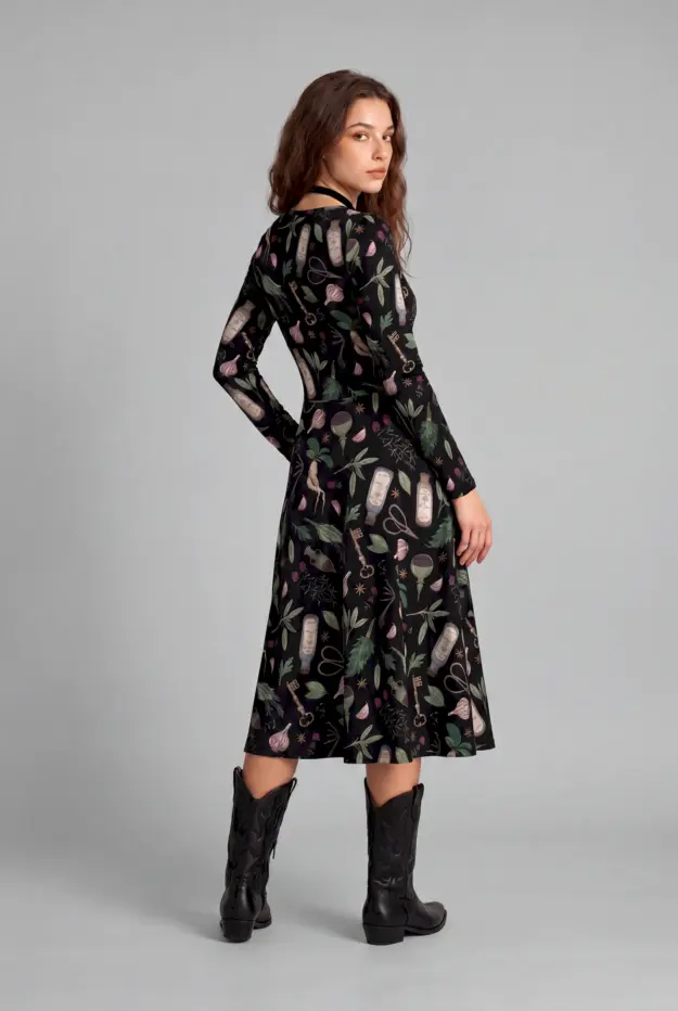 forest witch print long sleeve midi dress