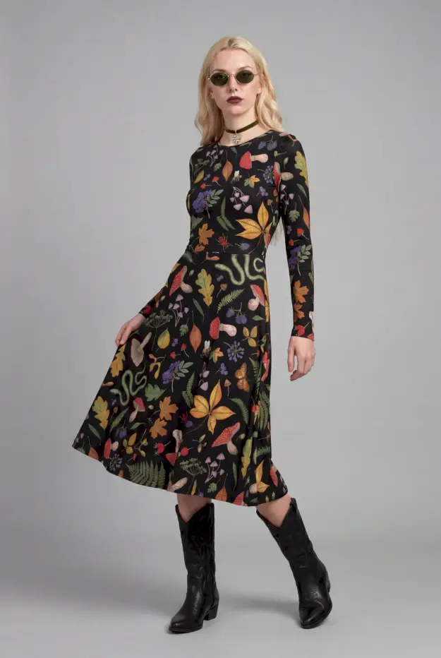 hedge witch print long sleeve midi dress