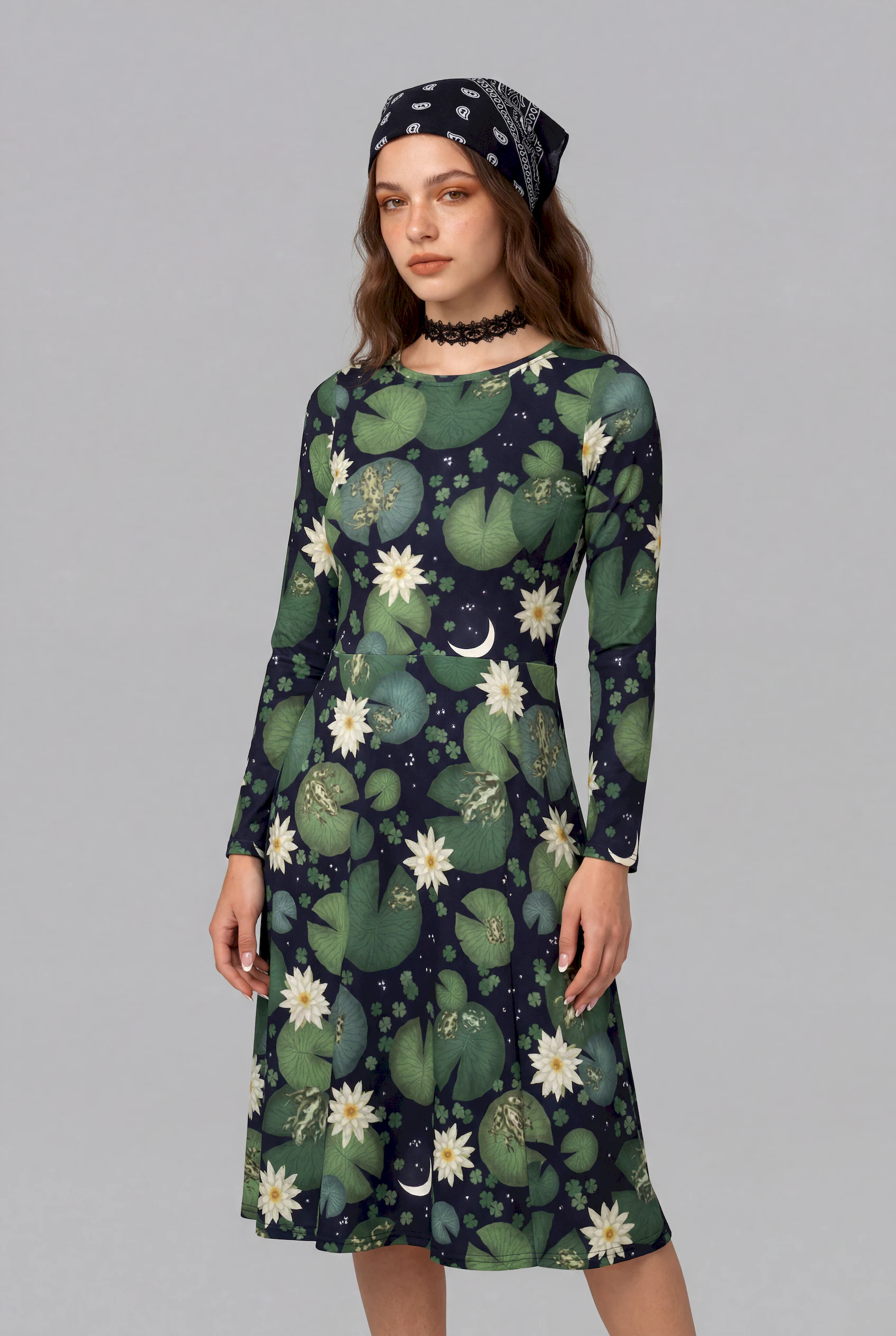 lily pond print long sleeve midi dress