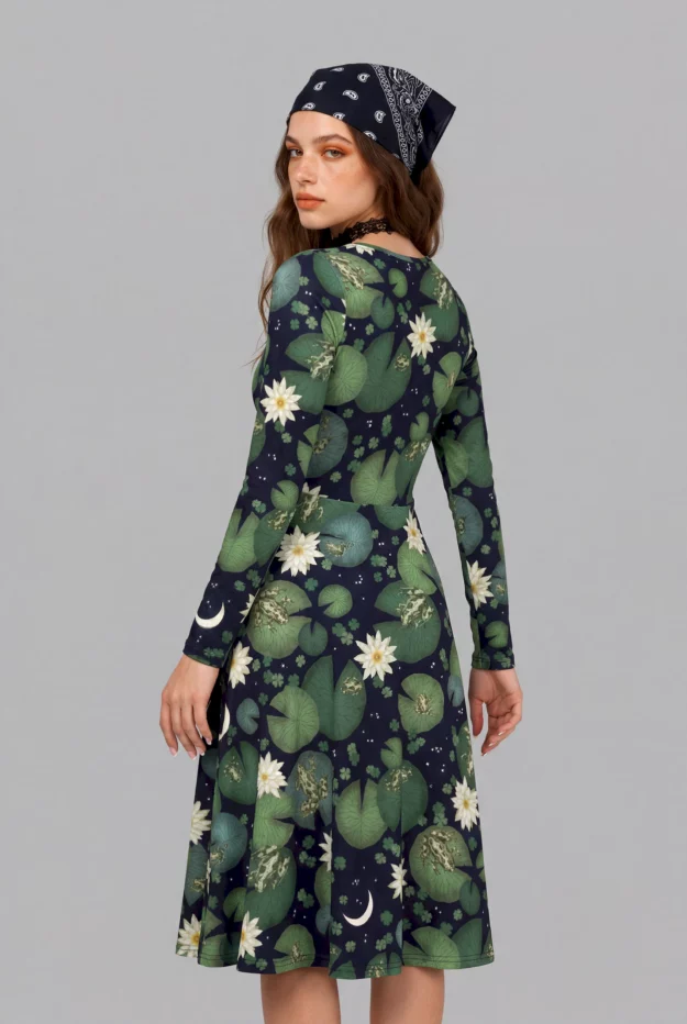 lily pond print long sleeve midi dress
