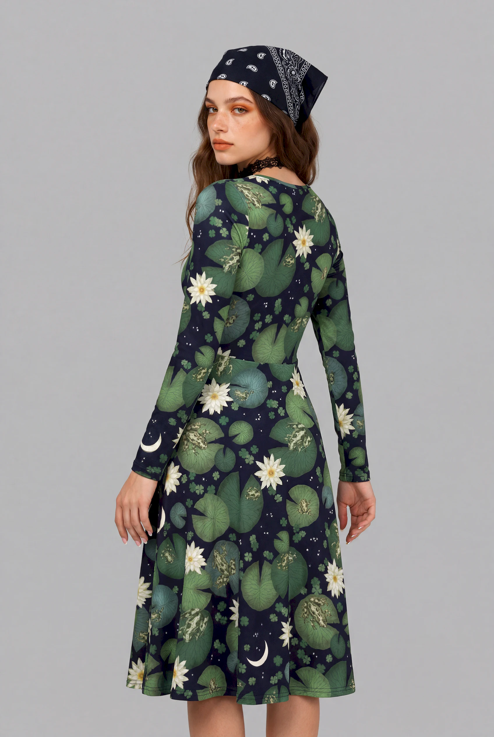 lily pond print long sleeve midi dress