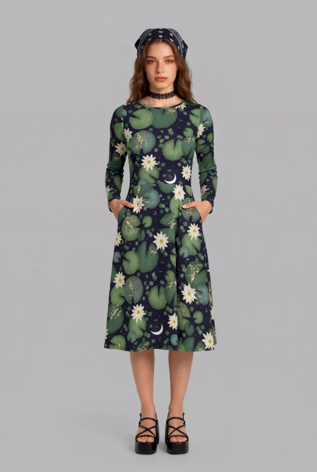 lily pond print long sleeve midi dress