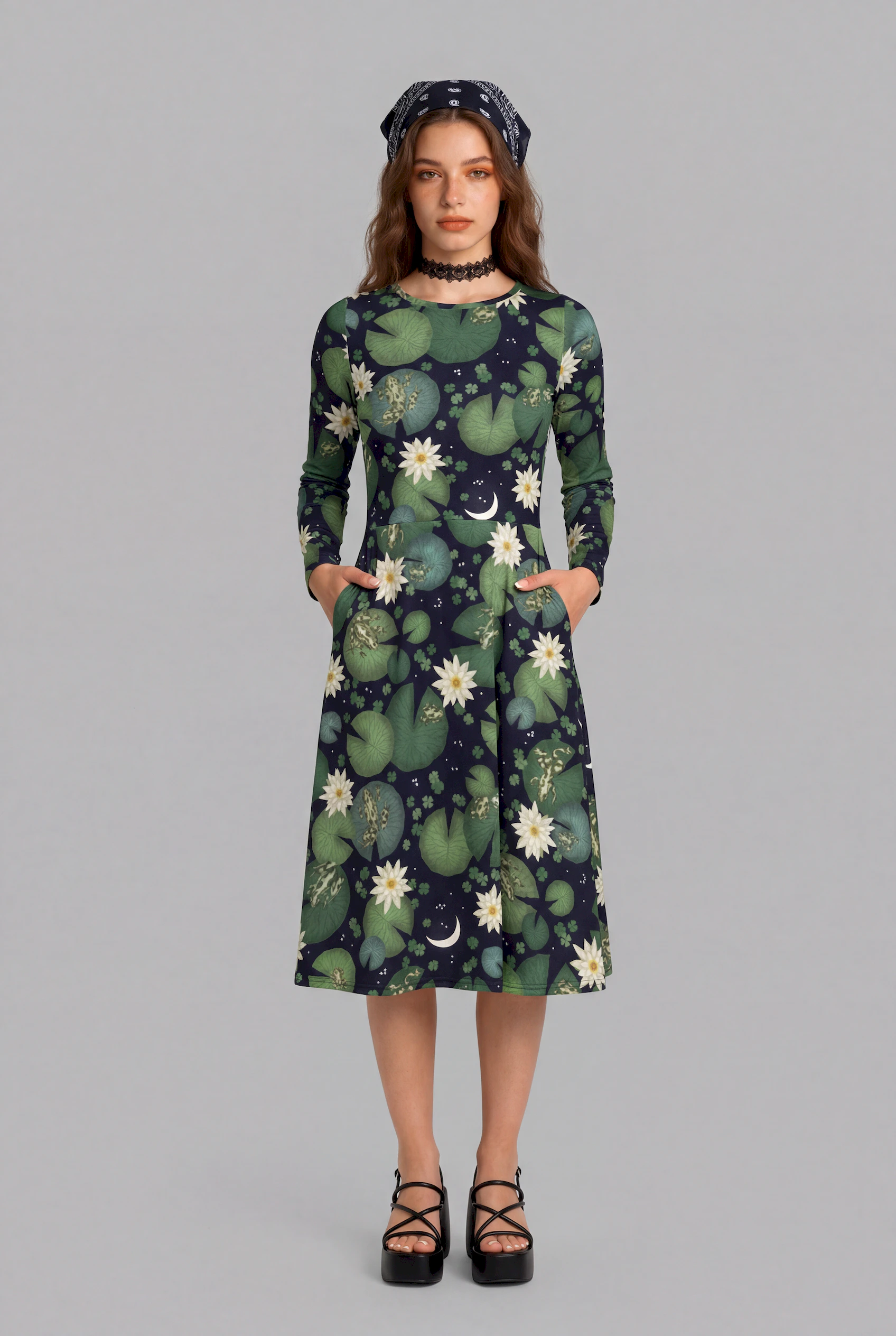 lily pond print long sleeve midi dress