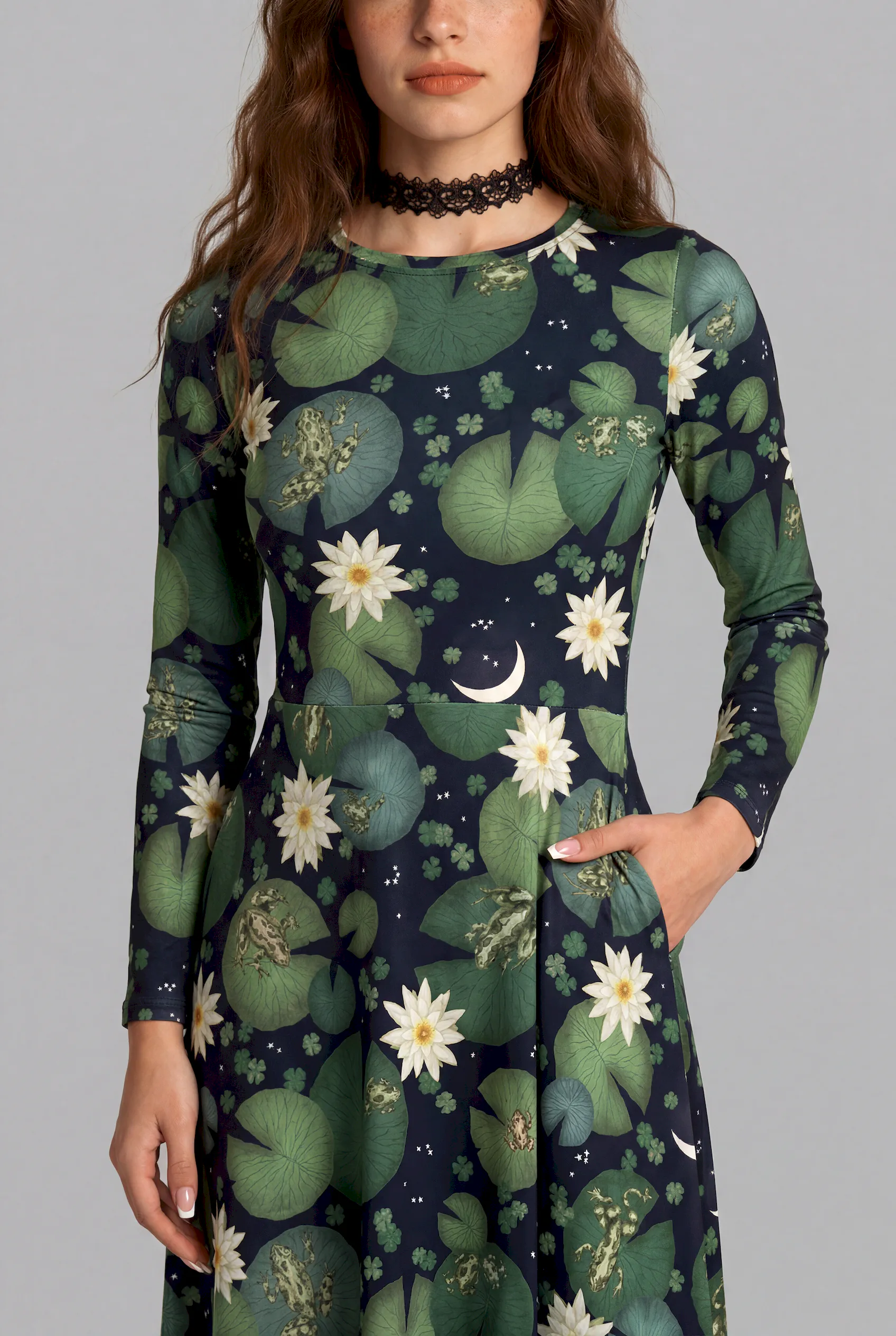 lily pond print long sleeve midi dress