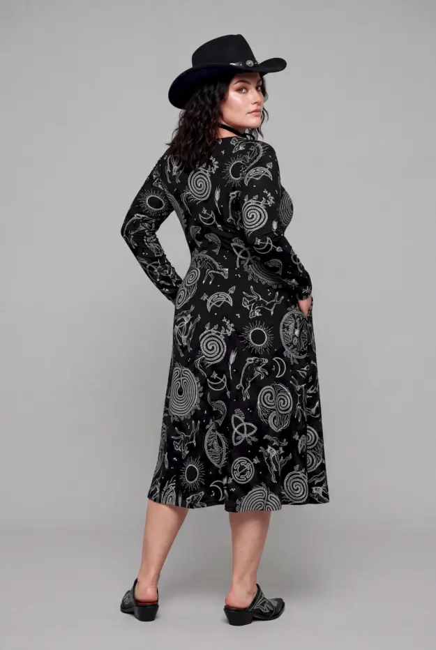 lughnasadh print long sleeve midi dress