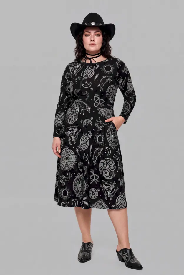 lughnasadh print long sleeve midi dress