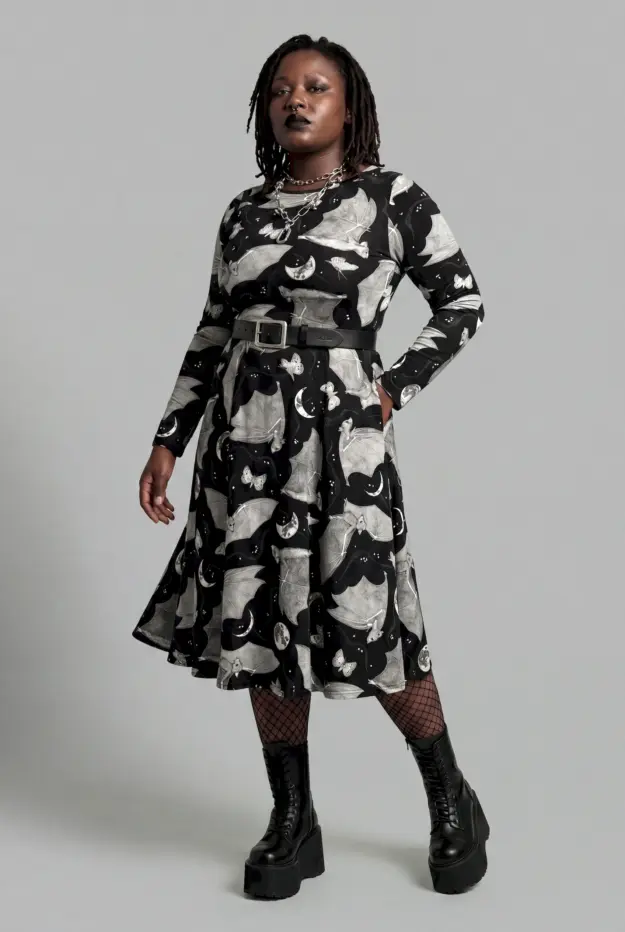 moon dance print print long sleeve midi dress