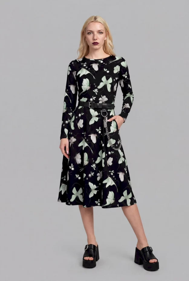 moonflight print long sleeve midi dress