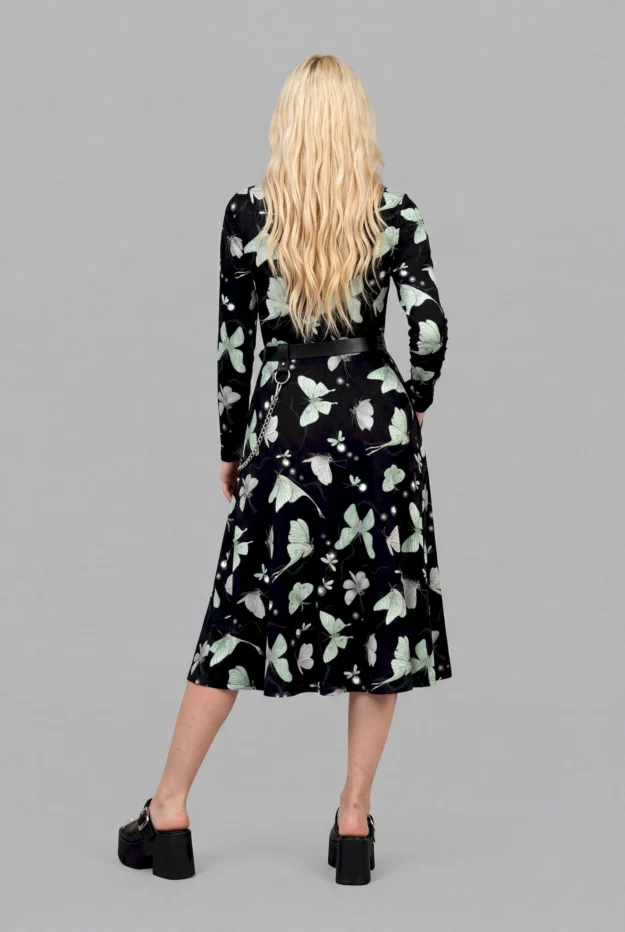 moonflight print long sleeve midi dress