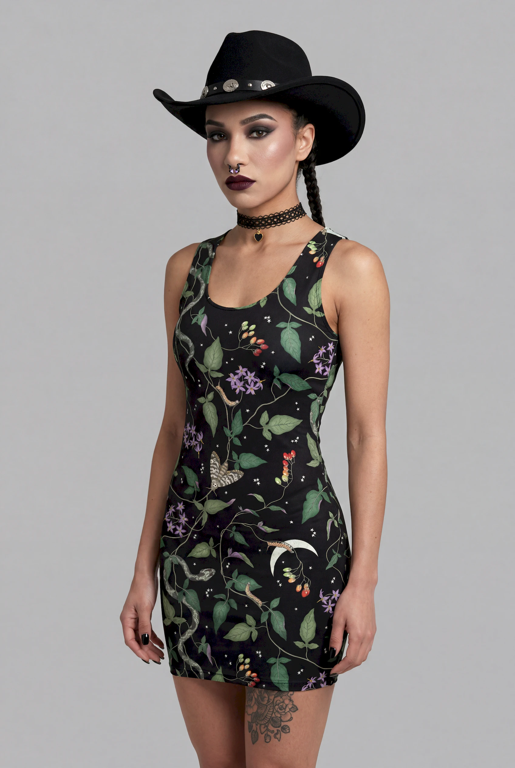 nightshade print bodycon dress