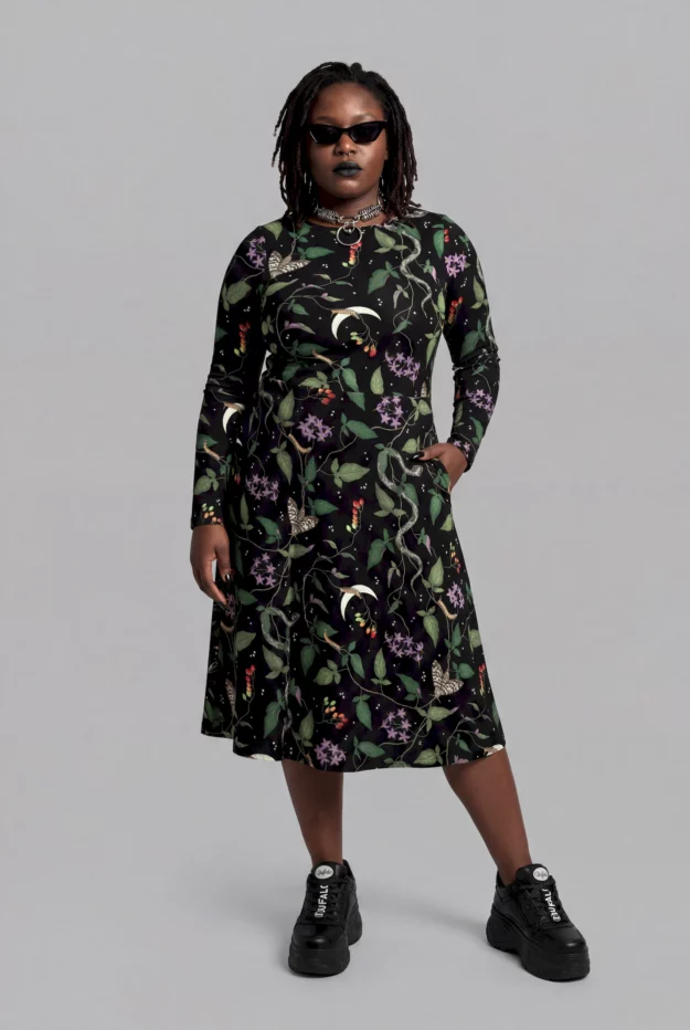 nightshade print long sleeve midi dress