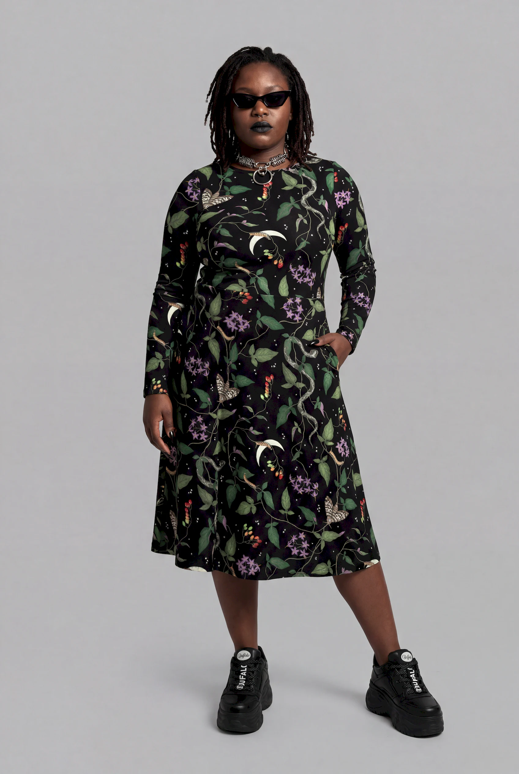 nightshade print long sleeve midi dress