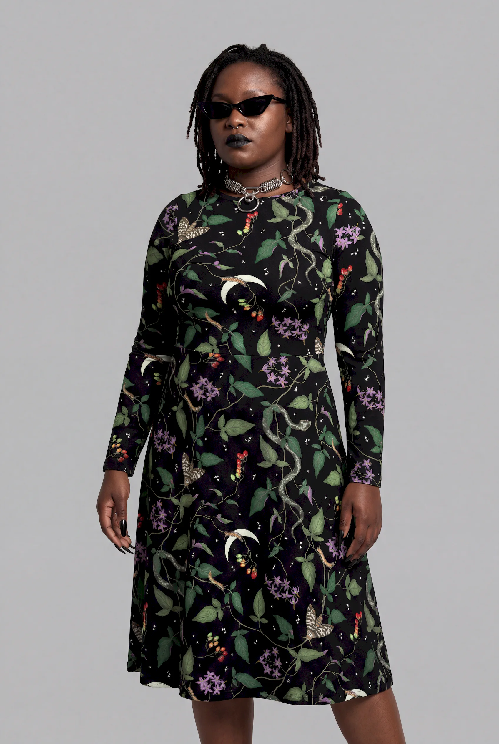 nightshade print long sleeve midi dress