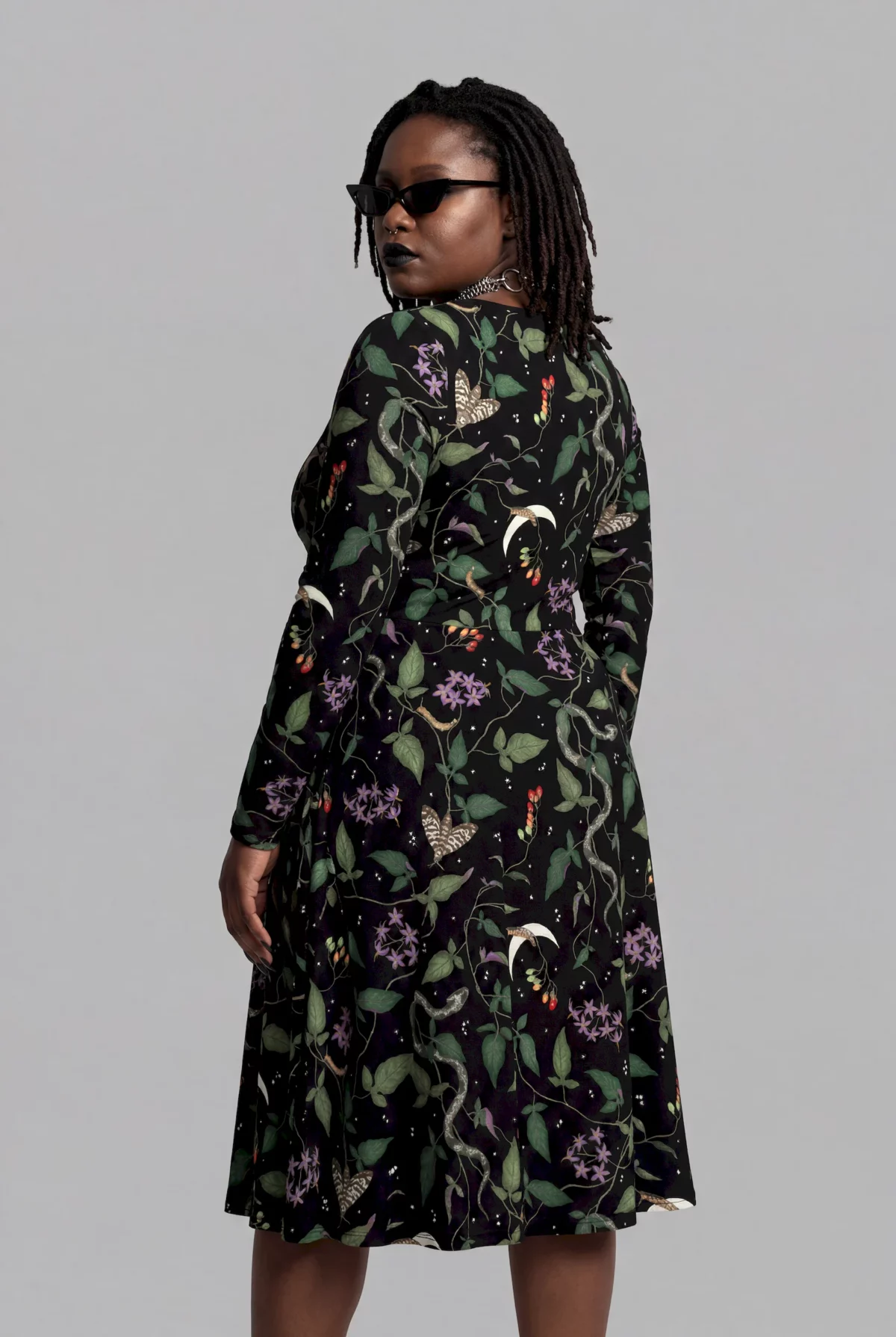 nightshade print long sleeve midi dress