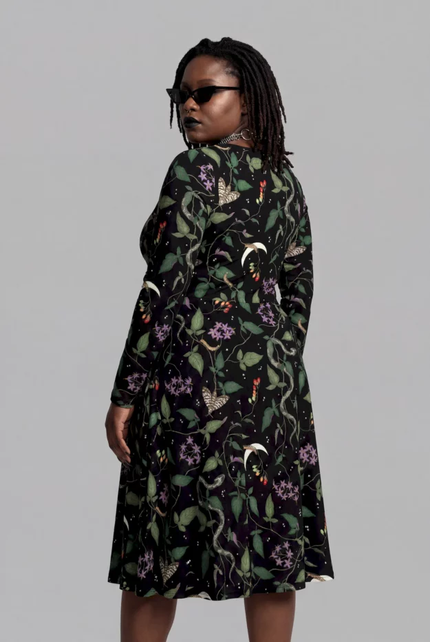 nightshade print long sleeve midi dress