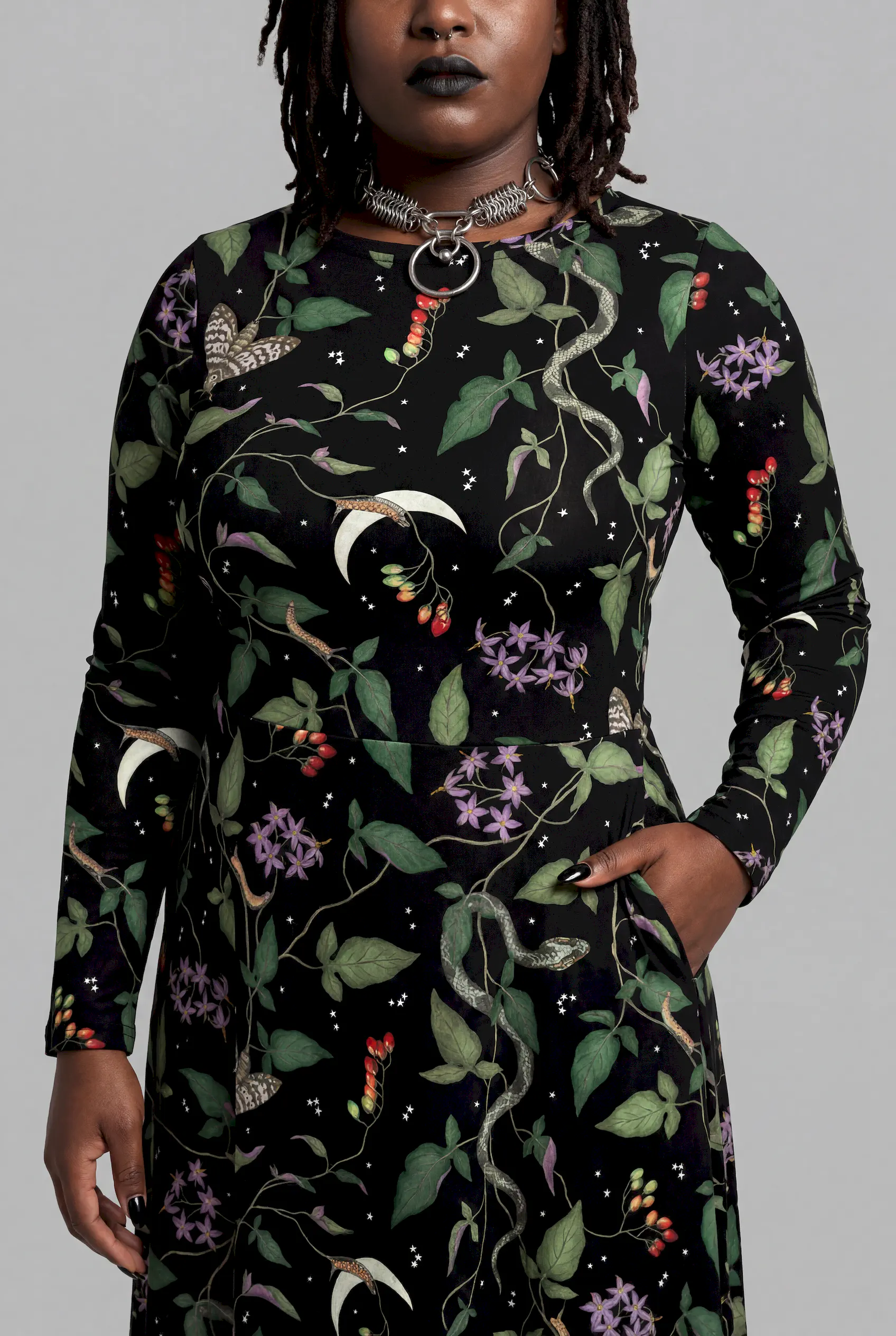 nightshade print long sleeve midi dress