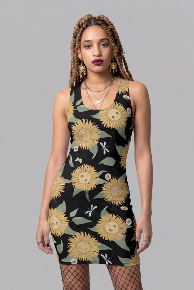 sunflower daze print bodycon dress