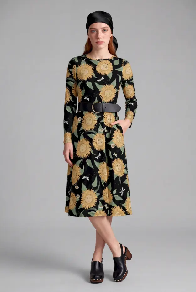 sunflower daze print long sleeve midi dress