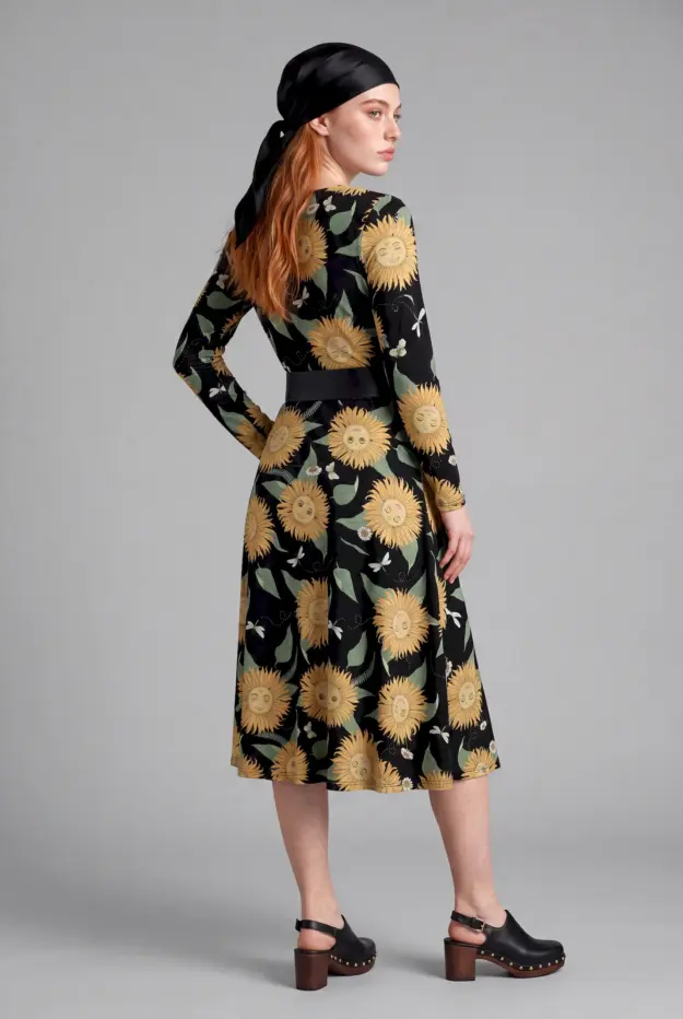 sunflower daze print long sleeve midi dress
